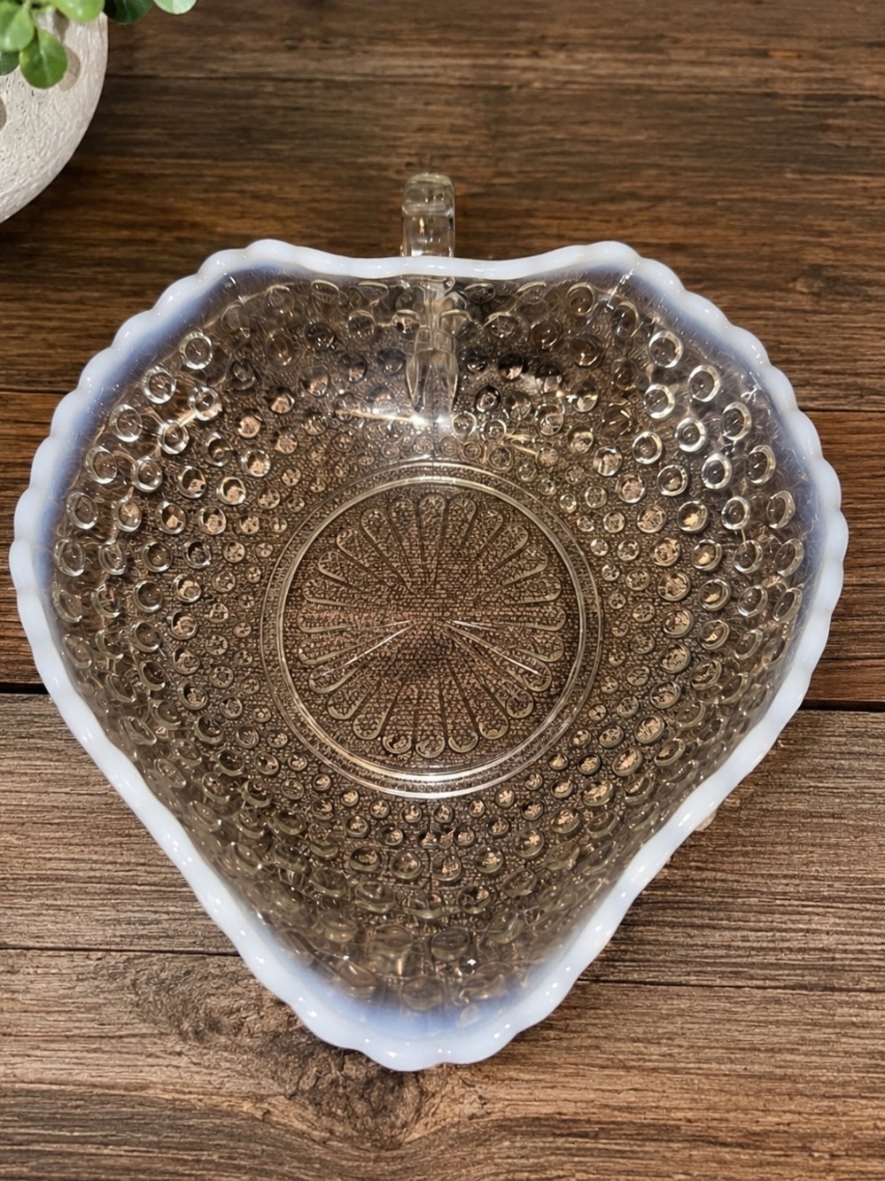 Vintage Anchor Hocking Moonstone Hobnail Heart Nappy Bowl 1940s